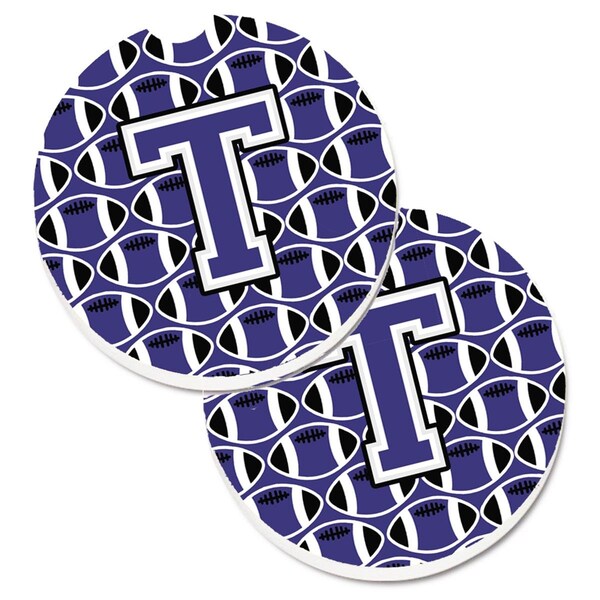 Carolines Treasures Letter T Football Purple and White Set of 2 Cup Holder Car Coaster CJ1068-TCARC - main